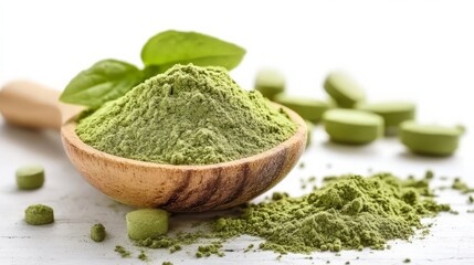 Moringa Powder and Supplements: A healthy and nutritious boost for your daily wellness routine.  High-quality moringa powder in a wooden spoon and supplement pills.