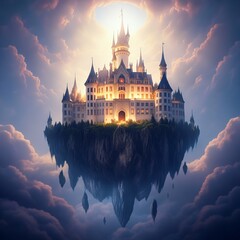 Floating castle in the clouds with ethereal light