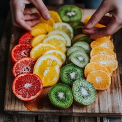 Canvas Print - Hands arranging slices of citrus fruits and kiwi on a wooden cutting board.