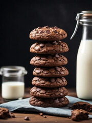 Wall Mural - Freshly baked brownie cookies with milk on the kitchen table.