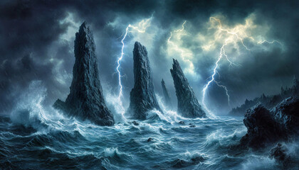 A rough ocean during a thunderstorm, with waves crashing against tall rock towers jutting out of the sea