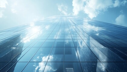 Low angle view of a modern skyscraper with a blue sky and clouds reflecting in the windows.