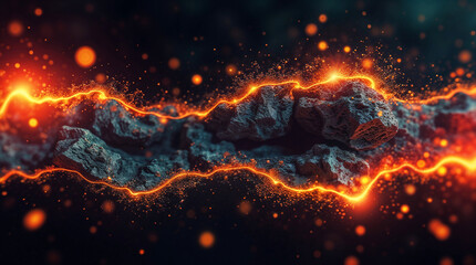 Poster - abstract background of lava and stones, holographic form on black background. Generative AI