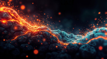 Poster - abstract background of lava and stones, holographic form on black background. Generative AI