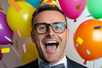 A cheerful birthday party scene with kids and a woman surrounded by colorful balloons and gifts, smiling and having fun