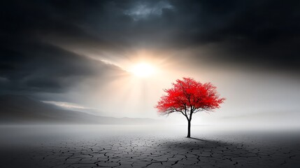 Wall Mural - a barren tree standing alone in a dry, cracked field representing a person with no livelihood, surro