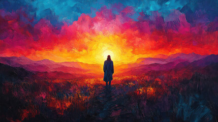 Wall Mural - Abstract scene of Jesus as a shepherd at sunset, vibrant colors blending together, symbolizing his role in guiding and protecting the flock