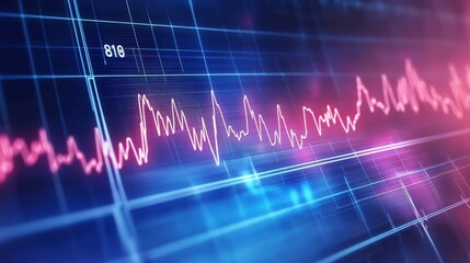 Poster - Financial Pulse:  A vibrant, abstract representation of a financial data visualization. Neon pink and blue lines represent the fluctuating pulse of the stock market.