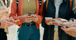 © David/peopleimages.com - Phone, college and live streaming with hands on campus for social media, gen z app and network. Study, education and school with closeup of people for news, connection and online university portal