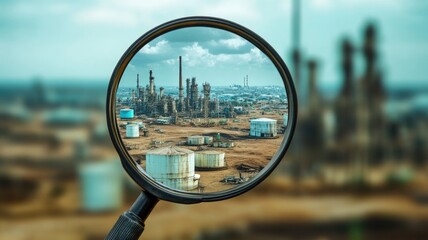 Magnifying glass focusing on refinery in industrial area