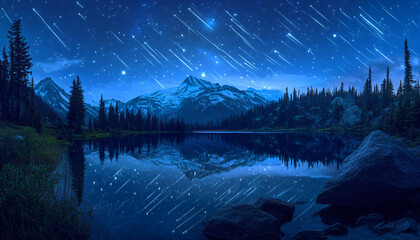 A night sky filled with shooting stars reflected perfectly in a mirror-like lake, surrounded by snowy mountains and forests silhouetted in the moonlight as meteors streak across the sky in glowing tra