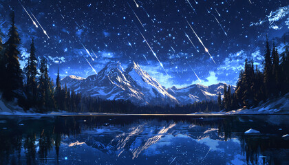 A night sky filled with shooting stars reflected perfectly in a mirror-like lake, surrounded by snowy mountains and forests silhouetted in the moonlight as meteors streak across the sky in glowing tra