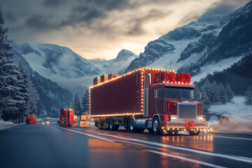 Truck delivering present on the road. Shipping service concept.