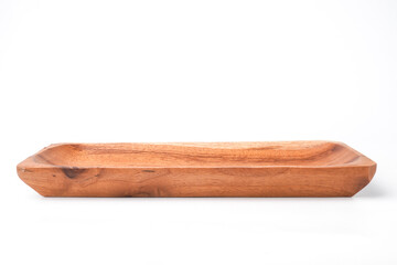 Close-up photo of Wooden sushi plate or tray isolated on white background. Shot on eye-level angle setup.