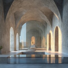 Poster - Modern minimalist hallway with arched ceilings and a reflecting pool.