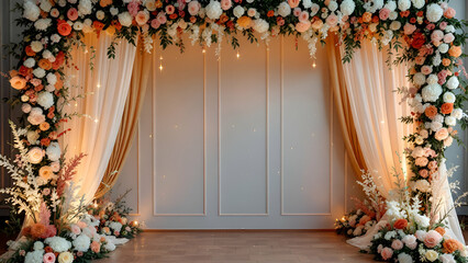 A wedding arch decorated with white and peach roses, greenery, and sheer fabric drapes. The background wall has white molding and faint lights.