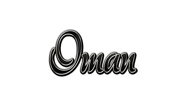 black metal 3d design of Country name Oman on white background.