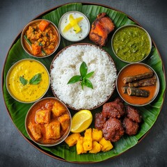 Traditional Indian Meal Served on Banana Leaf with Variety of Dishes and Colorful Accompaniments in Aesthetic Arrangement on Dark Background