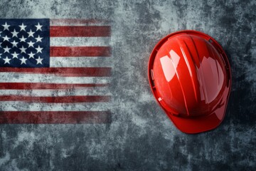 Red hard hat on concrete with American flag, tilted right, grungy industrial background. Symbolizes patriotism and safety.