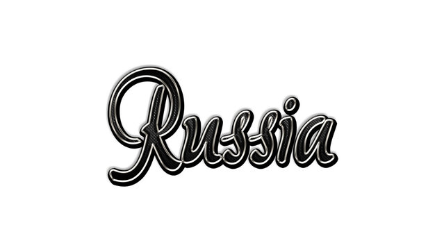black metal 3d design of Country name Russia on white background.