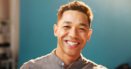 Fototapete - Business man, smile and portrait in creative studio with confidence and happy from work. Professional, staff and graphic designer at design agency with employee from Mexico with casual style