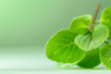 Vibrant green mint leaves display a refreshing allure, adorned with delicate droplets of dew, inviting a sense of nature tranquility and culinary potential