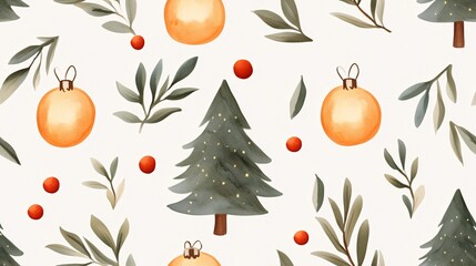 Poster - Holiday Pattern with Ornaments and Evergreen Elements