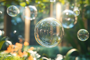 Poster - Multiple soap bubbles floating in the air against a background of green foliage and sunlight.