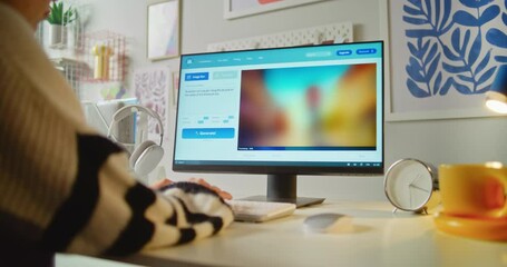 Fototapete - close up of girl typing text prompt in ai image generator on computer. pc screen shows ai generated 