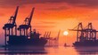 © Shutter2U - Silhouettes of cargo ships and cranes at sunset.