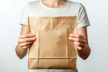 Close up of woman hands holding brown paper bag on white background.