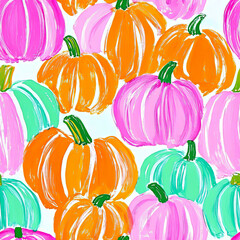 Seamlees pattern of Colorful hand-painted pumpkins in shades of orange, pink, and mint. Abstract pattern design for autumn decor and textile.