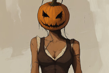 Woman with a scary pumpkin head. Dark Halloween illustration. Girl with jack-o'-lantern head