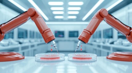 high tech pharmaceutical laboratory features advanced robotic arms meticulously handling petri dishes. scene showcases precision and innovation in sterile environment. 