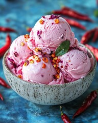 Canvas Print - Pink chili pepper ice cream in a bowl with red chili peppers.