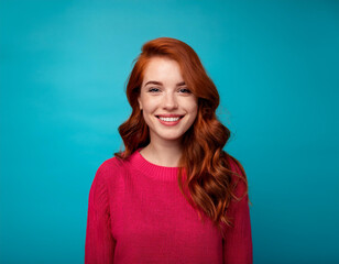 Headshot Portrait of a Smiling Woman with Contemporary Style, Isolated on Color Background with Ample Copy Space