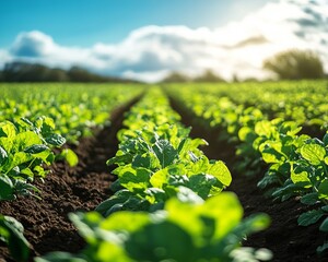 Rows of lush green plants in a field, with a bright blue sky and fluffy clouds in the background.