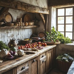 Canvas Print - Rustic kitchen with wooden cabinets, a window, and fresh produce on the counter.