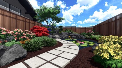 A tropical-inspired garden with bamboo screens, vibrant flowering plants, and a small pond with lily pads and koi fish