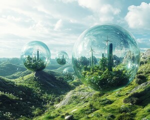 Sustainable cityscapes encased in bubbles, floating over a lush green landscape.