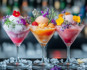 Sticker - Three colorful ice cream scoops in martini glasses garnished with edible flowers and fruit.