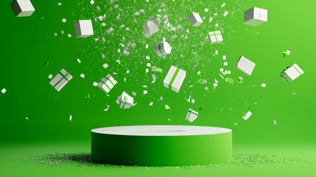 A burst of confetti surrounds green and white gift boxes suspended above a modern podium, set against a vibrant green background