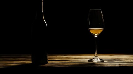 Glass and wine bottle on the wooden surface. Dark background