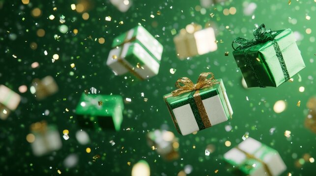 A joyful scene of floating gift boxes in green and white with ribbons, surrounded by festive confetti on a green backdrop