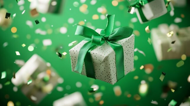 A joyful scene of floating gift boxes in green and white with ribbons, surrounded by festive confetti on a green backdrop
