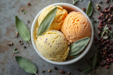 Poster - Three scoops of ice cream with sage leaves in a white bowl.