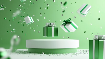 Leinwandbilder - Minimalist design featuring green and white gifts hovering above a sleek podium, with confetti falling elegantly