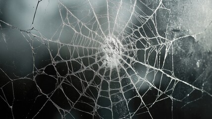 Close-up of delicate spider web with dew drops, backlit in nature