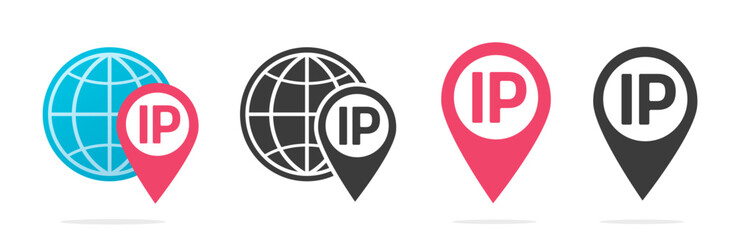 Poster - Ip address location icon map pin pointer vector simple graphic pictogram illustration set, world website network internet technology sign symbol red black label image clip art
