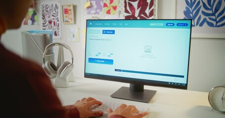 Fototapete - young man types text prompt in ai video generator on computer. pc screen shows artificial intelligen